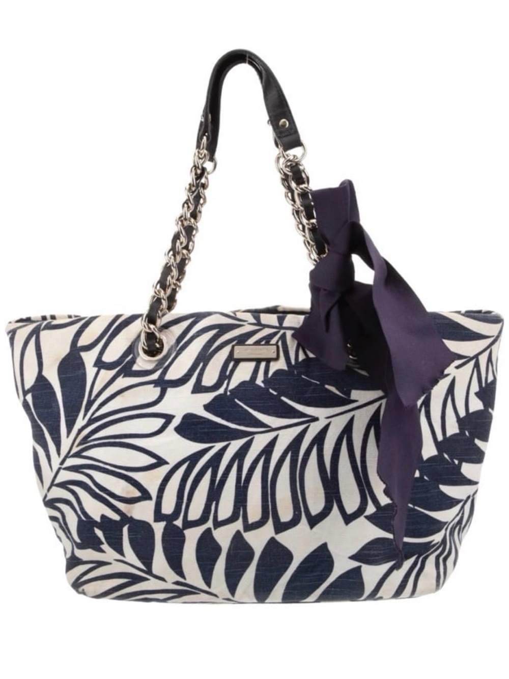 Kate Spade Navy Leaf Print Canvas Tote with Chain Handles